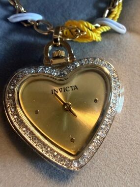 Invicta Gold Heart Pendant Necklace Watch with Crystal Halo